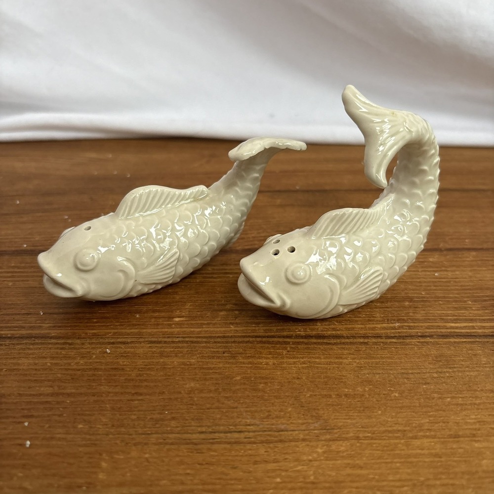 Fitz & Floyd Atlantis Collection Salt and Pepper Shakers White Fish Koi